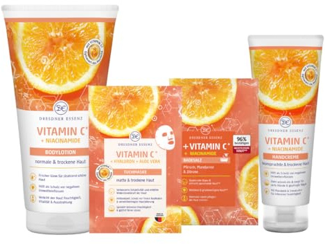 Dresdner Essenz Skin Essence – Vitamin C Pflegeset – 4-teiliges Beauty-Set | Set mit Bodylotion, Badesalz, Tuchmaske & Handcreme – Glow-Effekt & Hauterneuerung – vegane Skincare Routine mit Vitamin C