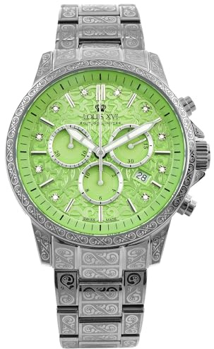 LOUIS XVI Palais Royale 2.0 1826 - Ø 43 mm - Herren Uhr - Wasserdicht - Armband Silber - Zifferblatt Mojito Green mit Diamanten - Schweizer Quarzwerk