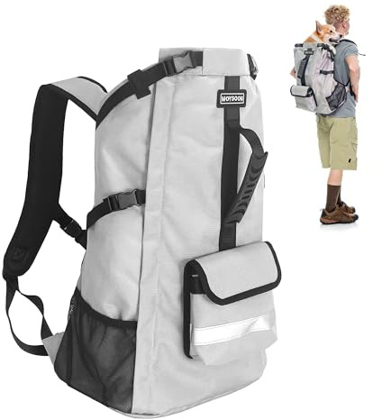 FOXFOCUS Dog Backpack Carrier for Medium Dogs - 4-Layer Protection, Under 30 lb, Waterproof, Adjustable Dog Hiking Backpack with Storage Pockets, Reflective Strips, Non-Slip Handle for Travel - Grey