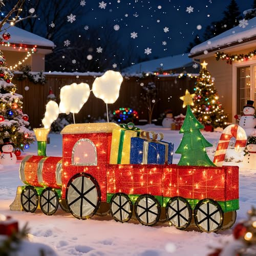 GOPLUS beleuchteter Weihnachtszug, Weihnachtsdeko mit Geschenkboxen & Weihnachtsbaum, Weihnachtsdekoration mit 330 warmweißen LED-Lichtern, wetterfester Weihnachtsbeleuchtung für Party, Garten & Hof
