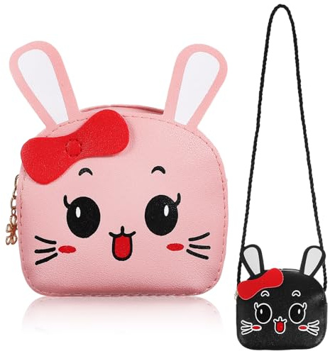 VILLCASE 2 Stück Kawaii Hasen Geldbörse für Mädchen mit Reißverschluss | PU Leder, 3d-ohren und Trageriemen, für Schlüssel und Taschentücher Beim Einkaufen
