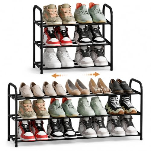 URMONA Schuhregal ausziehbar 43-78 cm, 3 Etagen, schmal und platzsparend | Schuhablage Metall, Schuhaufbewahrung Flur, Standregal Kleiderschrank, Schuhständer Diele, Camping Zubehör für Wohnmobil