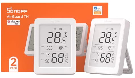 SONOFF AirGuard TH SNZB-02DR2 Zigbee-Temperatur-und Luftfeuchtigkeitssensor, LCD-Display, Thermometer und Hygrometer mit App-Benachrichtigungen, Fernüberwachung für Gewächshaus und Weinkeller,2er-Pack
