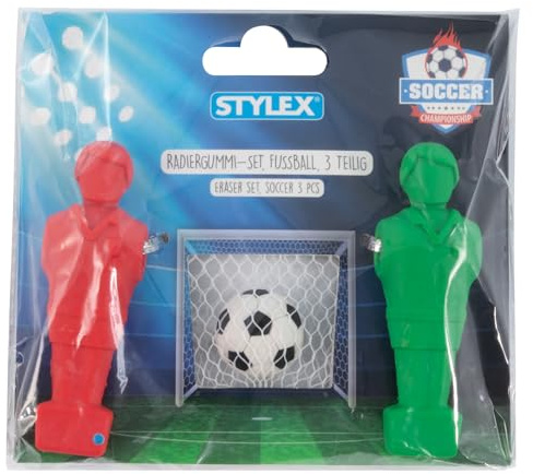 Stylex 34097 - Radiergummi Fußball, 3-teiliges Set, Radierer zum Entfernen von Bleistiftstrichen, Mini Kicker-Spiel