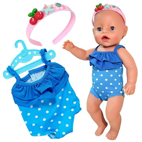 Baby Puppen Schwimmset 43cm, Puppenkleidung für 36-43cm Newborn Baby Schwimmpuppe, Sommer Schwimm-Set mit Polka-Dots Badeanzug Haarreifen Kleiderbügel BabyPuppen Kleidung Geburtstagsgeschenk