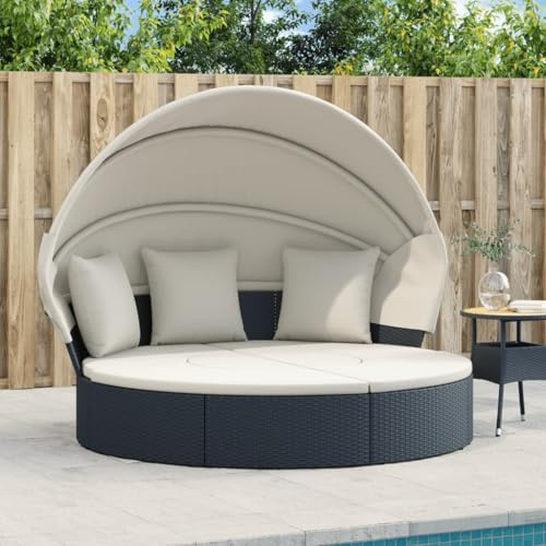Molumvel Outdoor Loungebett mit Dach und Kissen, Garten Sonneninsel aus Poly Rattan, Lounge Möbel mit Fußhocker und abnehmbarem Bezug, Schwarz Creme