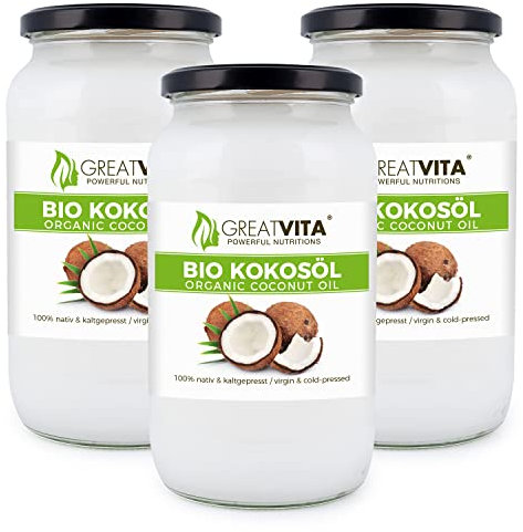 Huile de noix de coco bio MeaVita, native, 3-pack (3 x 1000 ml) dans un verre