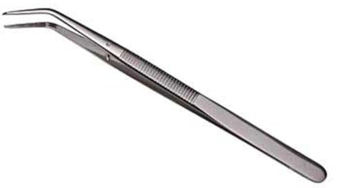 Dönges Pinzette mit Führungsstift, gebogen, spitz, 155 mm (Präzisionspinzette Arbeitspinzette Universalpinzette), Oberfläche vernickelt, fein gezahnte Greifflächen