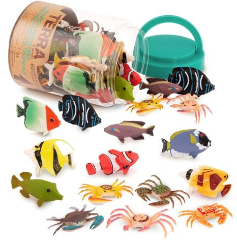 Terra 60-teilig Tierfiguren Sammlung Fische und Meerestiere Spielzeug Set – Clownfisch, Blauer Doktorfisch, Krabben und mehr – Spielzeug ab 3 Jahren