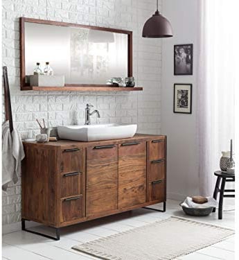 Woodkings Badset Sydney I 2teilig, Waschtisch mit Spiegel 138x45 I Akazie dunkel Echtholz I Waschtischunterschrank Badmöbel für Badezimmer I Holz Unterschrank Badschrank