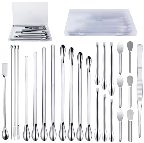 19Pcs Stainless Steel Lab Spatula Micro Scoop Set Laboratory Tiny Mixing Spatula with Tweezers Long Sampling Spoon for Powders Gel Cap Capsule Filler (19Pcs)