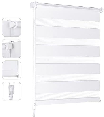Sekey Doppelrollo Klemmfix ohne Bohren für Fenster, Doppelrollo 70 cm breit, Duo Rollo Jalousie Sonnenschutz, 70x100cm, Weiß