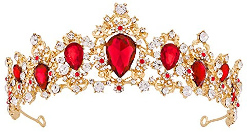 Vofler Crowns for Women, Gold Tiara w/Ruby - Baroque Red Crystal Rhinestone Head Piece Accessories for Princess Queen Bridal Bride Birthday Wedding Pageant Prom Quinceanera Halloween Costume Party