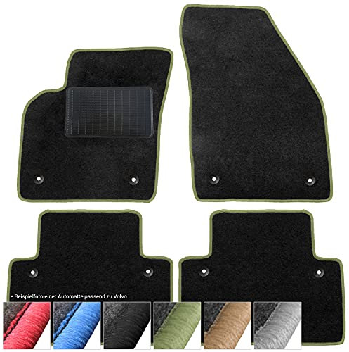 moto-MOLTICO Fußmatten Auto - Velours Autoteppiche passend für Volvo C30 S40 II V50 I - 4-teiliges Set - Schwarze Automatten mit Grünen Ziernähten