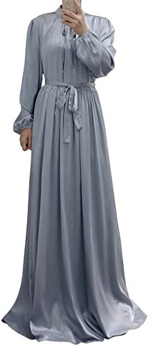 OBEEII Damen Muslim Roben Einfarbig Muslimisches Kleid Islamische Gebetskleidung Vollständige Abdeckung Türkische Robe für Ethnische, Braut, Abend, Party, Hochzeitskleid Grau XXL