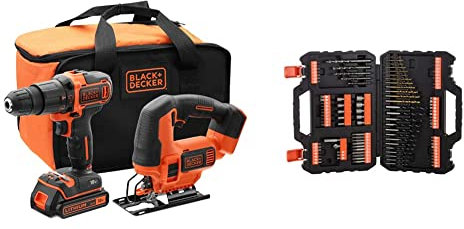 BLACK+DECKER BCK22S1S Taladro Percutor 18V con 1 Batería 1.5 Ah, Cargador y Bolsa de Transporte + A7200-XJ Juego de 109 piezas para atornillar y taladrar con brocas Titanio