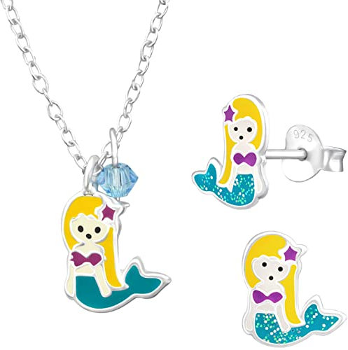 JAYARE Kinder Schmuckset Mädchen - Meerjungfrau - Halskette und Ohrringe - Kette Silber 925 mit Anhänger und Ohrstecker