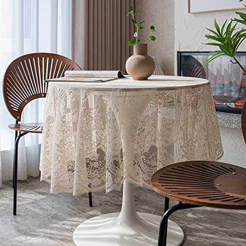 Beige Spitze Tischdecke Bestickt Elegante Blumenmuster Tischtuch Runde Overlay Tischdecke für Hochzeit Party Urlaub Lange Abendessen Home Decor (Rund-150CM/60, Beige)