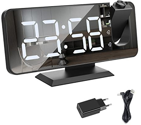 Exmate Projektionswecker, Digital Wecker mit Projektion, USB-Ladeanschluss, 7.5'' großes Spiegel-LED-Spiegelbildschirm, Snooze Dual-Alarm, Einstellbare Helligkeit (Schwarz mit Adapter)