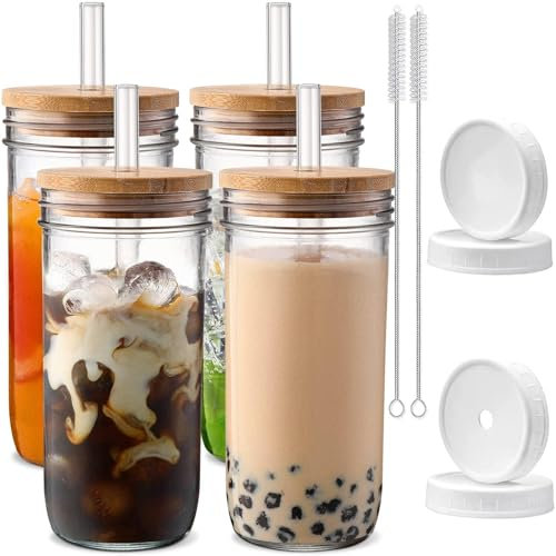 DWTS DANWEITESI Glass Cups with Lids and Straws,24 oz Smoothie Cup with Lid and Straw-Boba Mason Jar,Wide Mouth Reusable Drinking Glasses,Iced Coffee Cups Glass,Vasos De Vidrio【4 Pack】