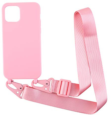 PuYu Zhe Compatible With iPhone 13 Mini Case,Soft Matte Silicone TPU Crossbody Cover with Adjustable Neck Cord Lanyard Strap,Slim Stylish Shockproof Lanyard Case-Pink