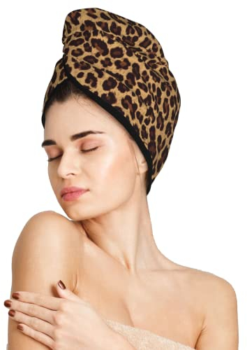 famliihw Leopardenhaarhandtuch, Mikrofaser, schnelltrocknend, Haarturban mit Knöpfen, für Damen und Herren, zum Trocknen von lockigem, langem und dickem Haar