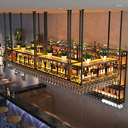 Lsoiup Rustic Wine Rack Adjustable LED Hanging Bar Wine Glass Rack Ceiling Glass Storage Rack for Different Types of Goblets, Suitable for Bar Coffee