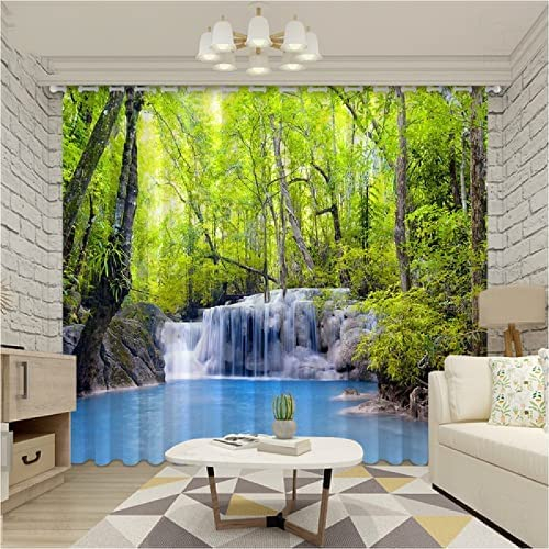 3D Scheibengardinen Vorhänge Wohnzimmer Grüner Dschungel-Wasserfall Blickdichte Vorhänge Gardinen Blickdicht Vorhänge Vorhang Verdunkelung Gardinen Wohnzimmer Schlafzimmer 2Er Set, 150(B)X166(H) Cm