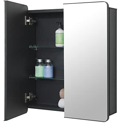 Fundin Schwarzer Aluminium-Badezimmer-Spiegelschrank 60 x 70 cm mit gerahmter Tür und verstellbaren Glasböden, Einbau- oder Aufputzmontage