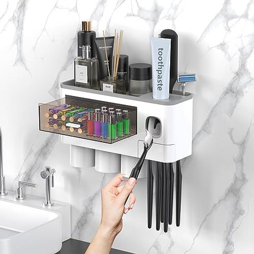 Toothbrush Holders Wall Mounted, 3 Cups Bathroom Decor Toothbrush Holder with Automatic Toothpaste Dispenser-1 Large Storage Tray - 1 Transparent Cosmetic Drawer-6 Toothbrush Slots