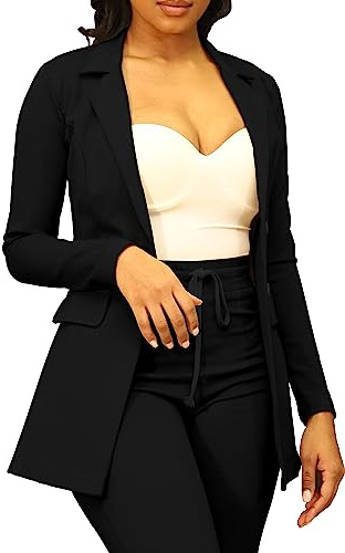 PINSV Women Casual Blazer Open Front Long Sleeve Work Business Suit Jacket Womens Lightweight Lapel Button Blazers Jackets Black S