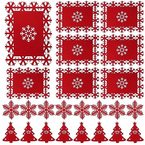 18er-Pack Weihnachts-Tischsets, Weihnachtsbaum-Utensilienhalter Schneeflocken-Tischsets, Untersetzer, weihnachtliche Tischdekoration, Filz-Utensilienhalter, Tischsets