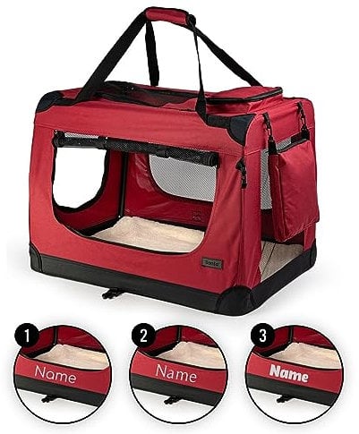 lionto Hundetransportbox faltbar für Reise & Auto, 50x34x36 cm, stabile Transportbox mit Griffen & Decke für Katzen & Hunde bis 10 kg, Hundebox aus Stoff für klein & groß, dunkelrot (Namensaufdruck)