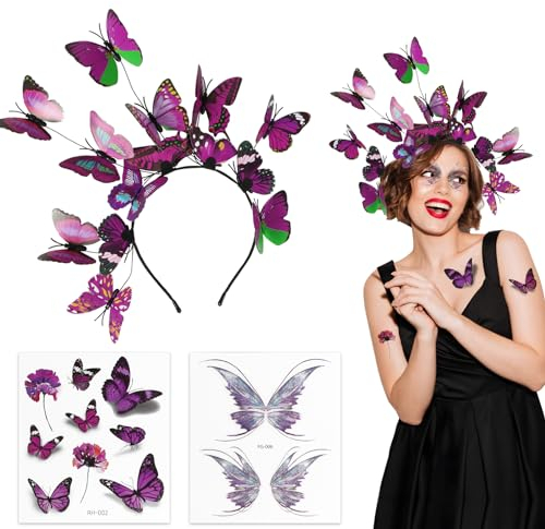 BHGT Schmetterling Stirnband für Frauen mit Aufkleber Haarreif Karneval Haarband Mädchen Schmetterling Deko Geburtstag Party Accessoires Haarschmuck Kopfschmuck Kopfbedeckung (lila)
