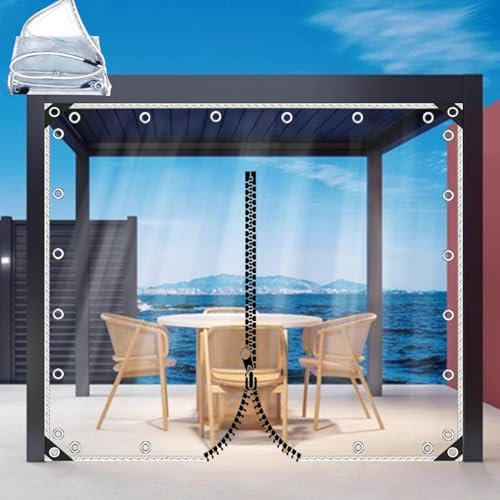 Transparente Plane Wasserdicht mit Reißverschluss,Pvc-Schutzplane für Außen,0,3mm-Weiches Glas,Wetterfester Vorhang,Schwerlast-Plane Seitenwand für Terrassen/Pergola/Carport,L×H-5x2.5m/16.4x8.2ft