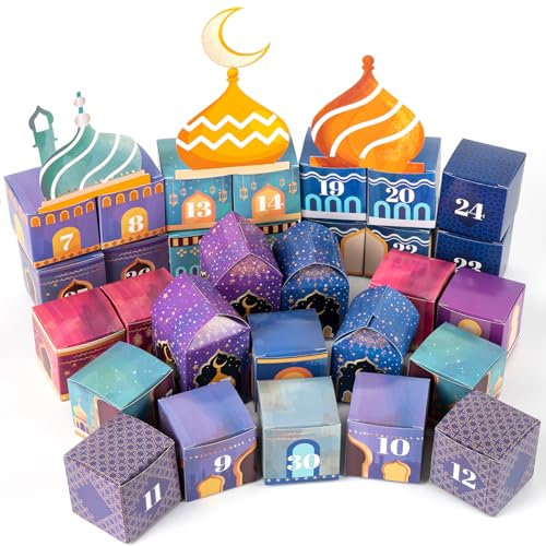 30 Stück Ramadan Kalender zum Befüllen,Eid Mubarak Geschenkschachteln zum Basteln mit Automatikboden,DIY Geschenktüten Kinder Candytüten Wiederverwendbar Muslimischen Ramadan Deko