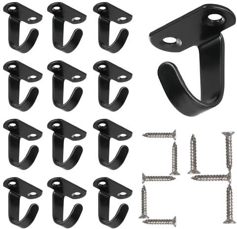 12 PCS Stainless Steel Ceiling Hooks, Black Wall Mounted Hooks with 24 Screws, U-Shaped Coat Hat Hooks, Vintage Heavy Duty Key Hook, Metal Single Hook for Hanging Robe/Bag, Under-Shelf Towel Hook