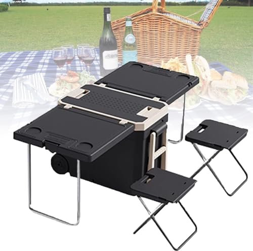 Klappbarer Mehrzweckwagen auf Rädern, Multifunktions-Rollkühler, klappbarer, verbesserter Tisch und 2 Stühle für Picknick, Camping im Freien, ohne Strom oder Kompressor, Camping-Aufbewahrungsbox