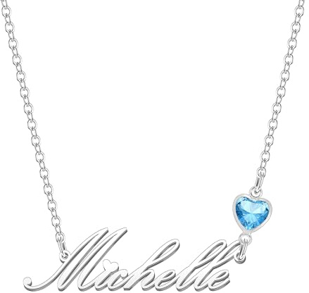 Kraven Damen Kette mit Namen Blauer Geburtsstein-Anhänger Halskette Namenskette Geschenk Personalisiert Damenkette Buchstaben Kette Geschenkidee für Frauen Teenager Mädchen Tochter (Michelle)
