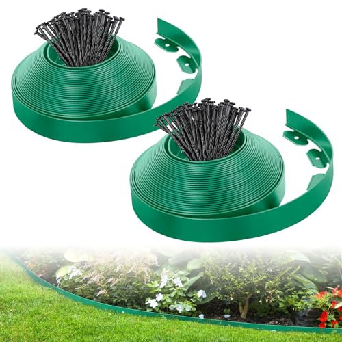 1,8 m lange Landschaftseinfassung, Bordüre mit 80 Spikes, kein Graben, Garteneinfassung, 4,6 cm hoch, Rasenkante, Kunststoffeinfassung, flexibel für Garten, Blumenbeete, Rasen, Hof, Weg (grün)