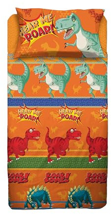hermet Dinosaurios - Juego de sábanas para Cama Individual, una Plaza, sábana encimera, sábana Bajera Ajustable, Funda de Almohada, 100% algodón, Naranja