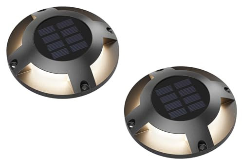 ledscom.de 2 Stück LED Solar-Bodenleuchte BUNSO für außen, IP65, Kunststoff, rund, 120 mm Ø, warmweiß