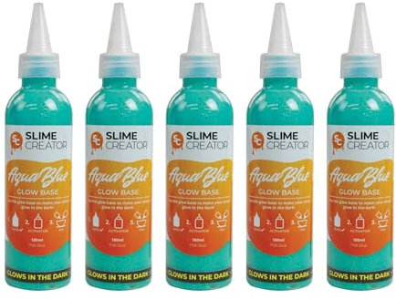 Slime Creator - Glow Base Glue - Aqua Blue, 180ml Bottle, Glows in the Dark, Safe & Tested, Perfect for DIY Slime Making (Pack of 5)