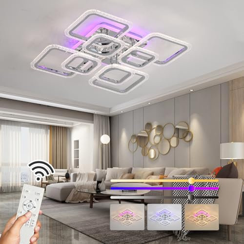 ZAITINZ Led Deckenleuchte, Wohnzimmerlampe 80W, Dimmbar, 8 Quadratische Deckenlampe Led, Zweischichtiges Design Moderne Deckenleuchten Für Wohnzimmer, Schlafzimmer, Küche, Flur, Chrom, 3000-6000K