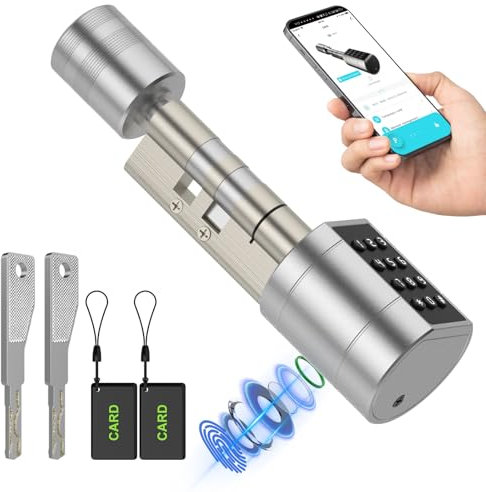 Dhiedas Fingerabdruck Schloss Haustür, Smart Elektronisches Türschloss mit Zahlencode RFID Schlüssel APP, Haustürschloss mit Fingerabdruck Einstellbare Länge für 65-90mm Tür (60mm)