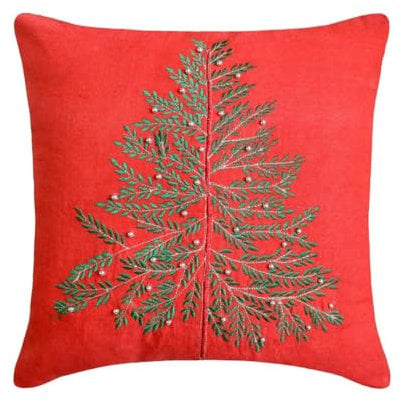Urlaub Dekorativ Rot und Grün Kissen Überzüge 2 Stück 50 x 50 cm Baumwollleinen Kissen Gestickter Weihnachtsbaum Kissenbezug, Weihnachtsbaum Zeitgenössisch Kissen Überzüge - Xmas Evergreen