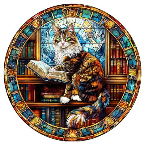 Holzpuzzle Erwachsene Die Maine Cat Library - 200 Teile Rundpuzzle Geschenkbox, Wanddekoration (Erwachsene/Kinder)