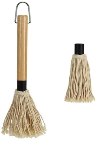 SGERUFZ 2 Stück BBQ Mops Pinsel 28.5cm Lang Grillpinsel Baumwollkopf Küchenpinsel Backpinsel mit langem Holz Griff BBQ Saucen Mop Marinaden Grillbürste mit Ersatz Köpfe zum Grillen Backen