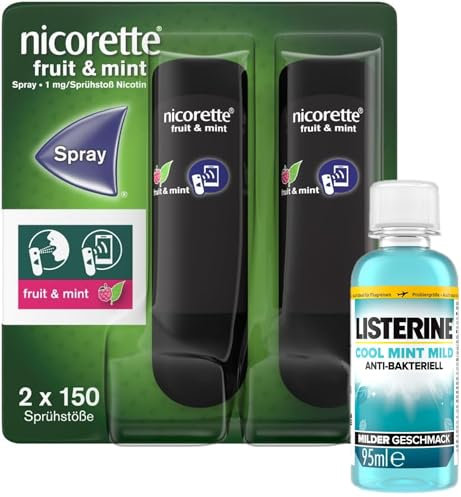 NICORETTE Fruit & Mint Spray mit minzigem Fruchtgeschmack & Listerine Cool Mint mild 80ml – Rauchen aufhören mit Nikotinspray und Mundwasser