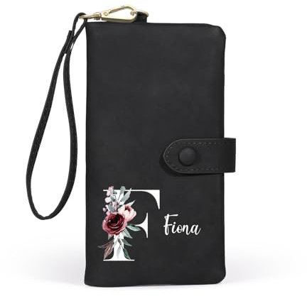Jeweidea Personalisierte Damen Geldbörse mit Namen Brief PU Leder Lange Portemonnaie mit Handschlaufe Karte Bargeld ID Münze Zip Geschenke für Mama Frau Oma (Schwarz)